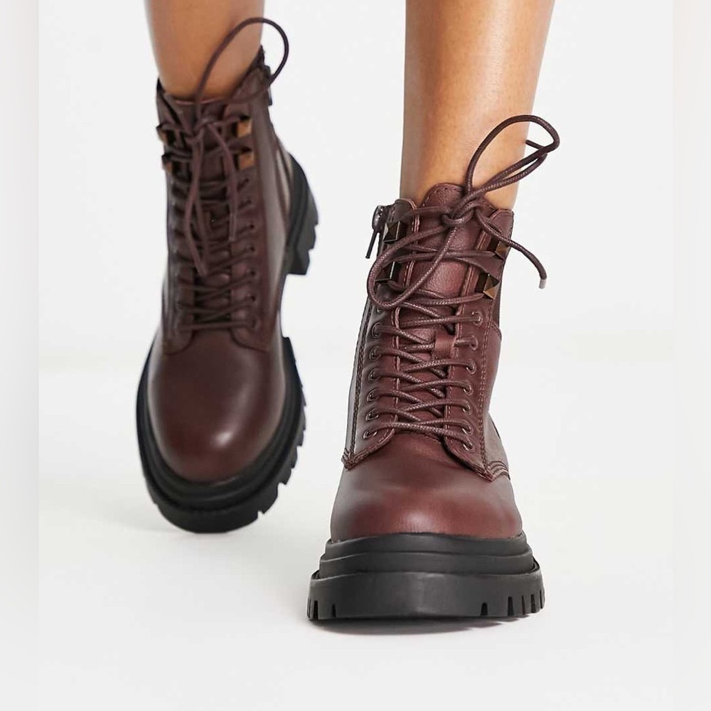 ALDO Leap Chunky Lace-up Ankle Boots in Burgundy Leather Lug Soles Size 8.5